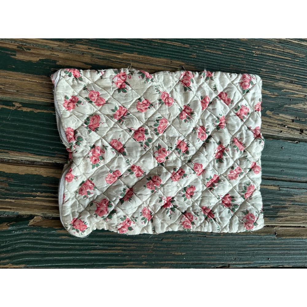 Vintage Floral Quilted Pouch Cream Pink Rose Cottagecore Makeup Bag 8.5x6.5